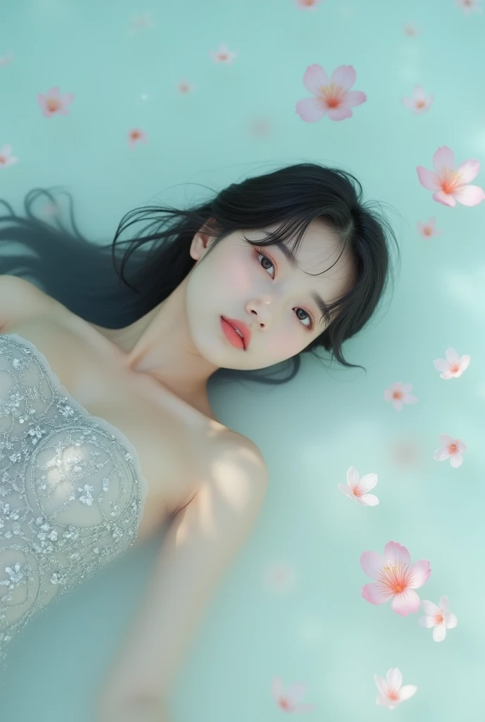 Create a video of a kpop idol of Chinese descent lying in water on a white background wearing a silver dress and loose hair with cherry blossom petals