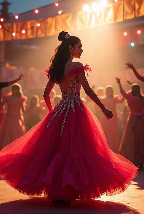 15TH BIRTHDAY PARTY, QUINCIAÑERA AT HER PARTY ON A STAGE SHE SHINES AND DANCES, LOOKING AHEAD WITH A DRESS AS THEY CELEBRATE IT IN MEXICO