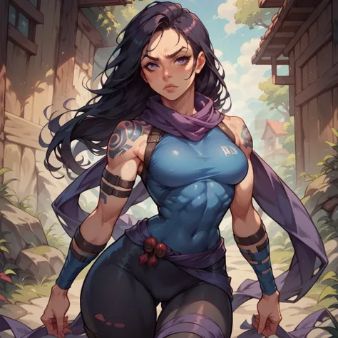 Psylocke, straight black hair, athletic and toned body, sexy, medium breasts and thick thighs, low-cut bodysuit, purple scarf tied around the waist, super tight black leggings marking the body, her left arm is covered in tattoos