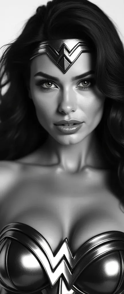 Wonder Woman in a stunning black and white headshot in the style of Annie Leibovitz, beautiful, stunning, perfect eyes, glamour makeup, cleavage, white background