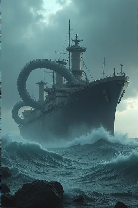 Image in landscape format freighter ship is destroyed by scary sea creature