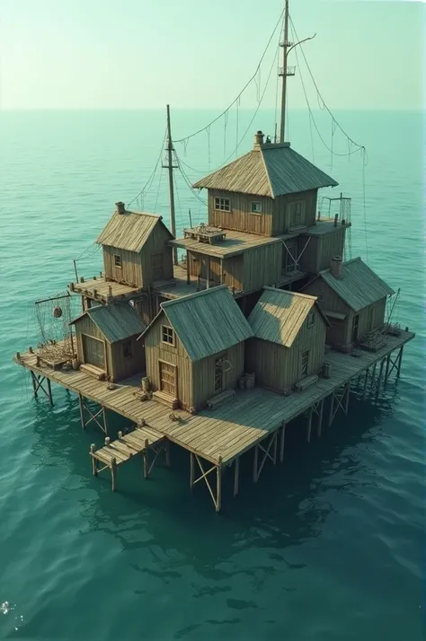 Set of wooden houses drifting in the sea on a floating platform