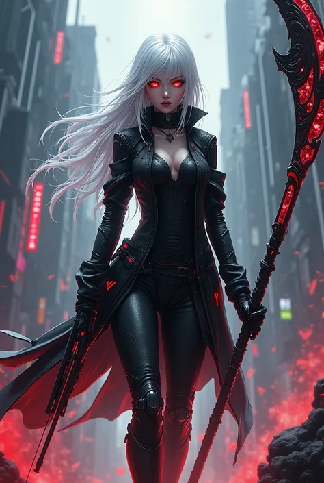 Woman in black jacket, white  hair, Eyes red, and expressionless face, with a scythe and many technological weapons, and an apocalyptic background, anime version with cyberpunk features, many colors