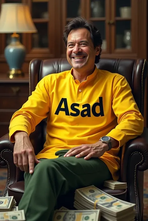 Imran Khan muskura Raha Hoon kursi per baitha hun paon ke niche paise hun shirt per bade size ka Asad likha ho yellow colour