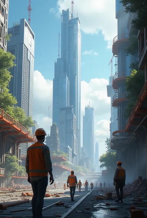 A city of the future under construction with engineers

