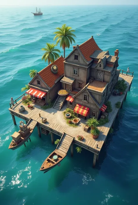 Town with wooden houses adrift in the sea on a floating platform