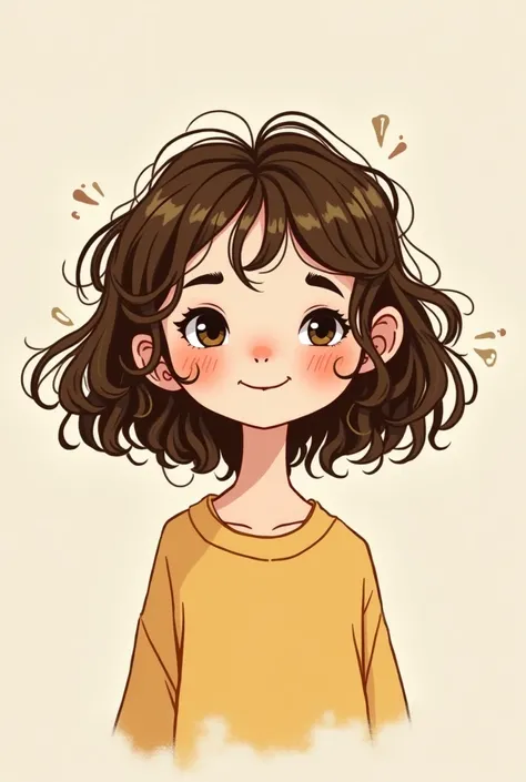 Create a character with simple art, brunette short curly hair 
