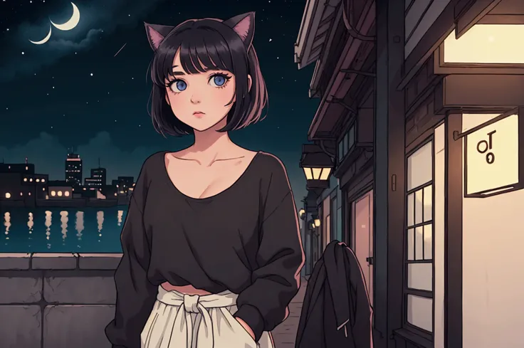 A girl with short black hair and cat ears, wearing dark clothes,with shiny hair with a relaxing atmosphere. night,coffe ,walk street, She is a little further away, with a view of her from the waist up, listening to music, and the detailed and vibrant color...