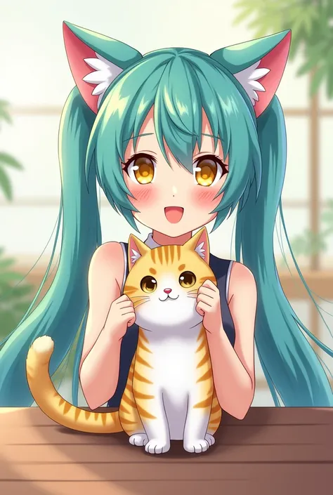 Hatsune Miku、Cat ear、Yellow Eyes、Straight Hair、holding a cat&#39;s hand、Short hair up to shoulder height、2D、looking at the camera、Image taken from the front