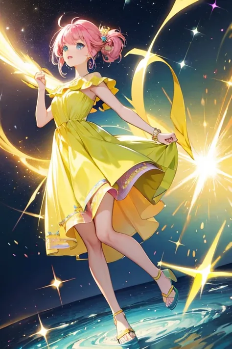 She has pink hair with blue eyes and wears a yellow QUIPAO dress with green sandals. SPARKLE; GLITTER
