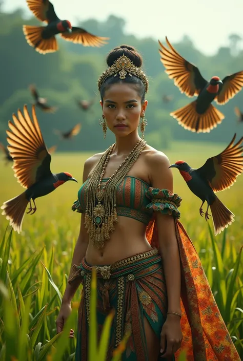 Photoshot of a beautiful woman wearing Dayak traditional clothes and long cloth wearing mah kota birds dancing in a very wide and green meadow