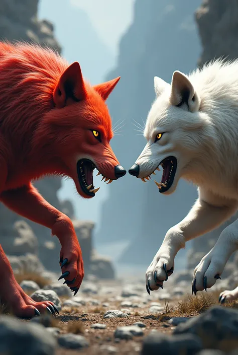 a red wolf looking at a white wolf they are both angry

