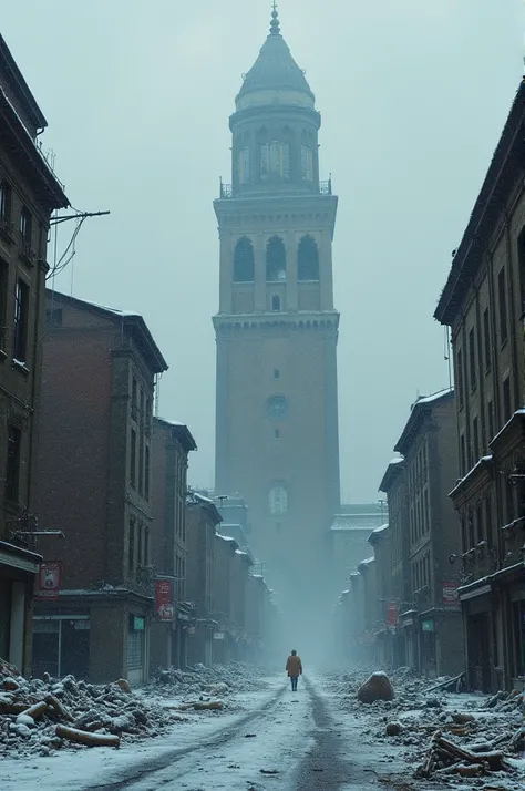 Cold sky is cloudy, snowstorm, Metropolis Modena in ruins, abandonned, Apocalyptic landscape, huge tower in the middle.