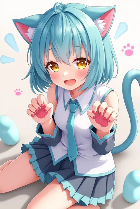 Hatsune Miku、Cat ear、Yellow Eyes、Straight Hair、Cat paw pose、Short hair up to shoulder height、2D、looking at the camera