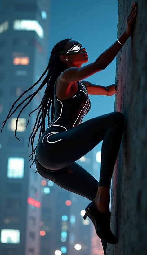 1 girl, 14 years, black, athletic body, full spider woman outfit, eye mask, long realistic hair, dreadlocks hairstyle, hero pose, climbing wall, exterior of tall building, cobwebs under the arms, Futuristic and detailed clothing, with transparent parts and...