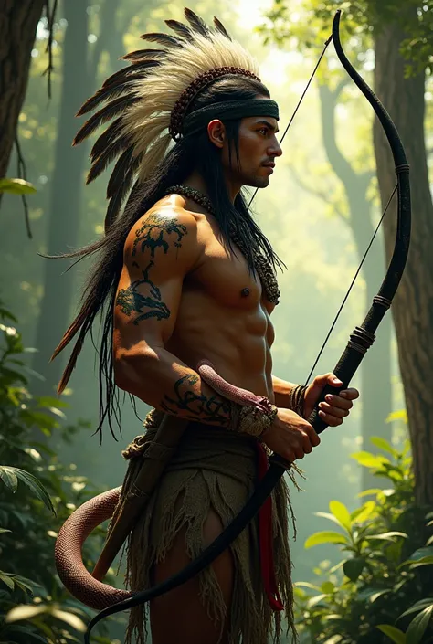 Indian with black headdress, red with a serious face and shooting an arrow in the woods with a coral snake on his arm