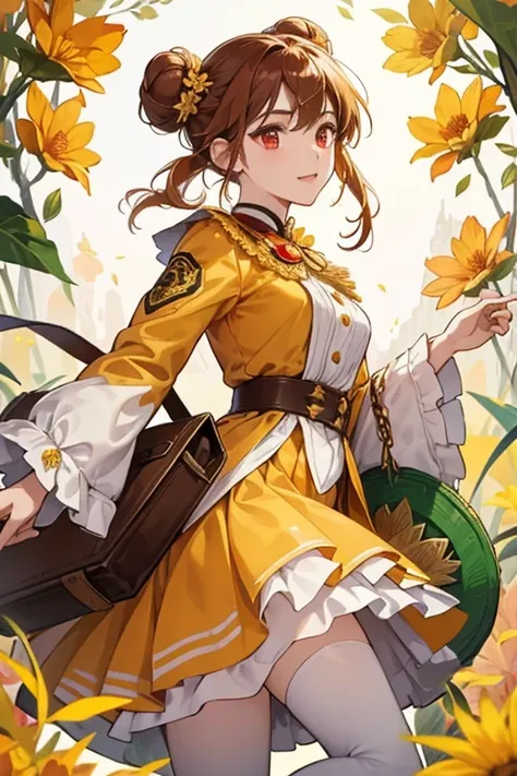 Yaoyao is a fair-skinned girl with pale dark red eyes and short braided golden brown hair tied into a bow at the top. Her face is evenly framed by a set of neat bangs, with a pair of gold flower-shaped hairpins. Her hair is tied into two small buns, held t...