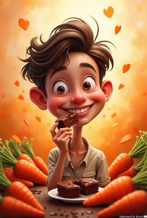 I want a picture of a happy smiling person eating wonderful chocolate with carrots around, with the background in orange and white colors, jacob and caricature art