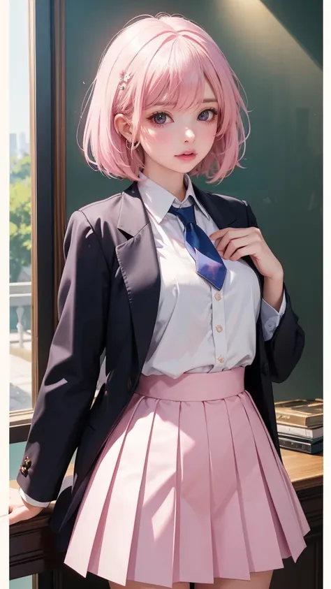 masterpiece、Top quality、1 girl、Slim、short、White hair、long、long 아호게 하나、Pink Hair、White shirt、Dark blue pleated skirt、Black Blazer、tie、Medium chest、Zito Order、Viewer&#39;the opinion of