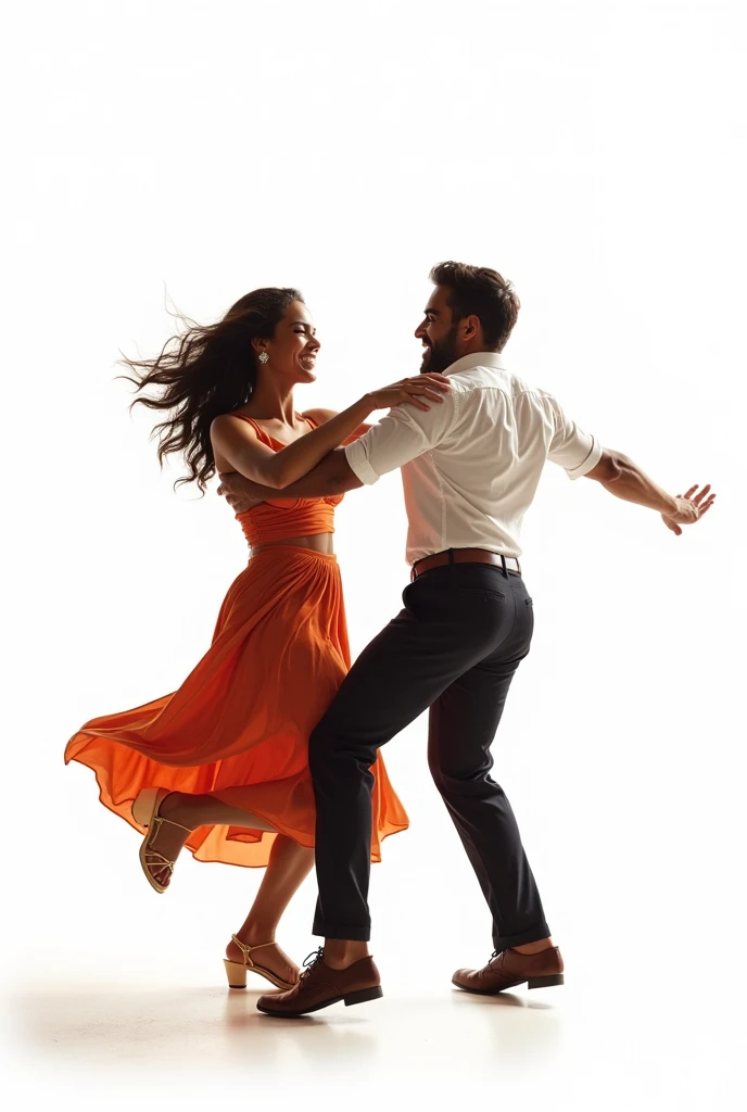 40 year old couple, dark skinned, smiling, Dancing salsa, with white background and no shadow. looking at the camera