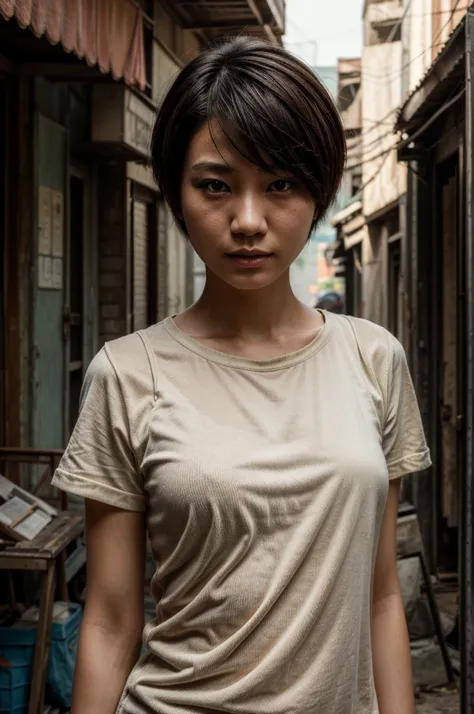 ((best quality)), ((Work of art)),((detailed)), woman, short hair, Asian, innocent face, post-apocalypse