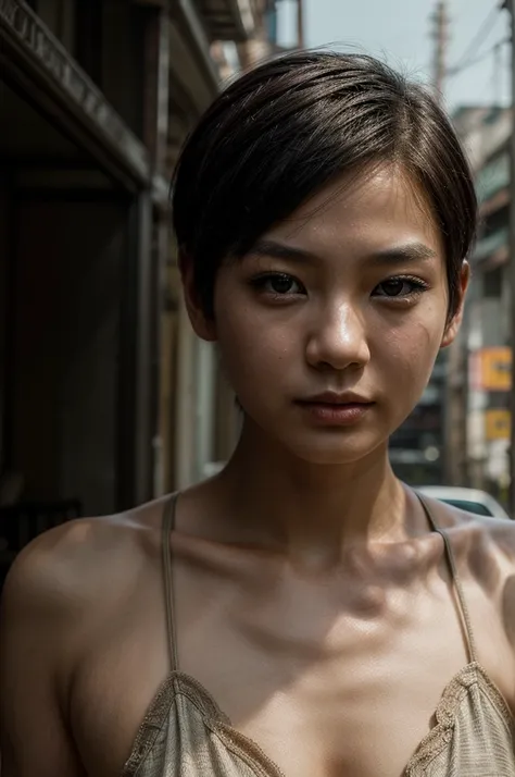 ((best quality)), ((Work of art)),((detailed)), woman, short hair, Asian, innocent face, post-apocalypse