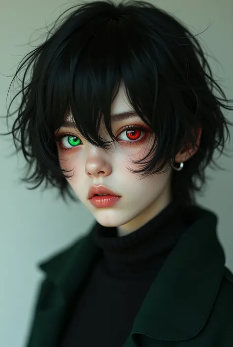 A man with a black hair, his hair is long but no much. The hair reaches your eyes. His eyes have two colors: right is red and left is green. His age is 2. He is very beautiful