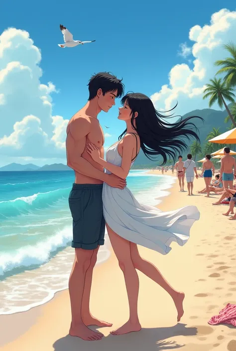 a couple of a beautiful black haired woman and a black haired man playing on a beach with people watching them anime version 