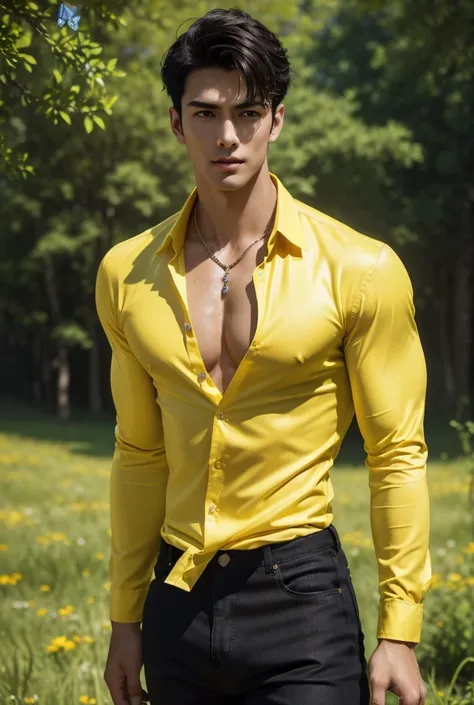 (absurdres, highres, ultra detailed), a tall handsome muscular young man, solo, short hairstyle, smooth skin, a hot glow in his skin, bright face, sexy gaze, sexy expression, sexy posture, ((wearing (yellow color exquisite shirt) and black pants, jewellery...