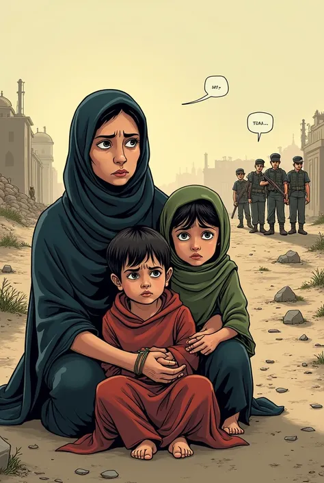 Create a cartoon that portrays the reality of refugees from the war in Syria. Show a Syrian family, composed of parents and children with expressions of fear and insecurity, On a war field. Their expressions should reflect a mixture of and despair. Include...