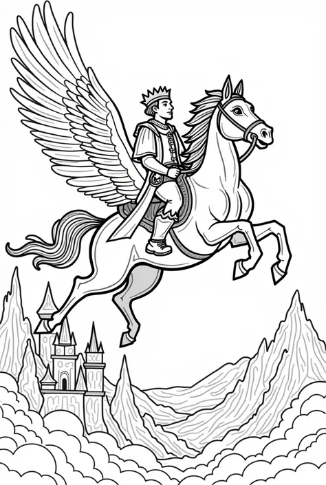 coloring page of a prince on his winged horse, flying over the mountains and the enchanted kingdom, style cartoon, in black and white, white background, dashes only, linhas grossas
