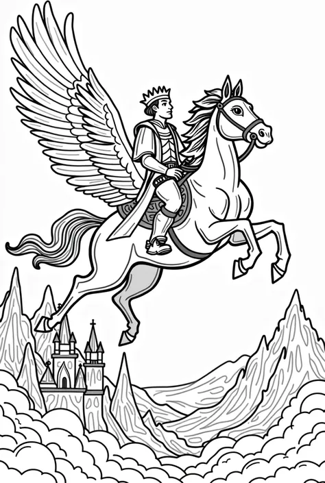 coloring page of a prince on his winged horse, flying over the mountains and the enchanted kingdom, style cartoon, in black and white, white background, dashes only, linhas grossas
