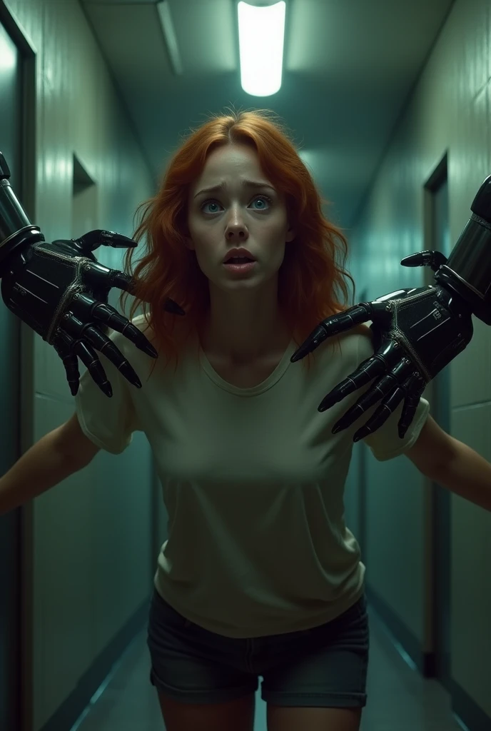 A red-haired girl with a surprised and terrified  gaze, extends her arms and looks anguished at the viewer, at the moment that two robotic arms captured from behind and covering her mouth, pulling to the shadows and a deep darkness, a scene from an angisti...