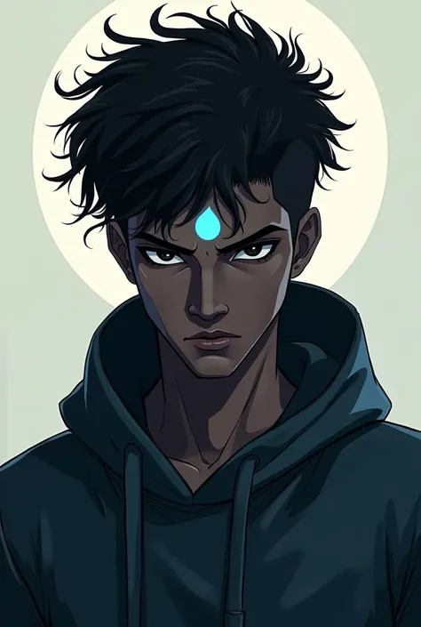 Create a male character with simple art, dark-skinned, short curly hair, black eyes with a blue dot on the head
