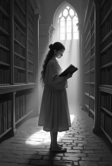 create a picture with a girl in the library in the 5th century in black and white
