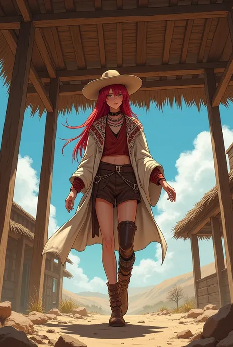 Male anime character with long straight red hair a little effeminate in a ramada dressed as a Chilean huaso, taking an earthquake