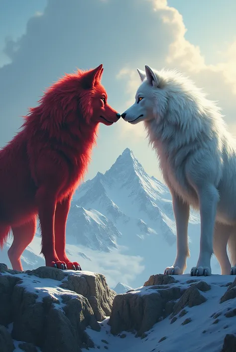 a red wolf looking at a white wolf and they are both giants and they are on a mountain
