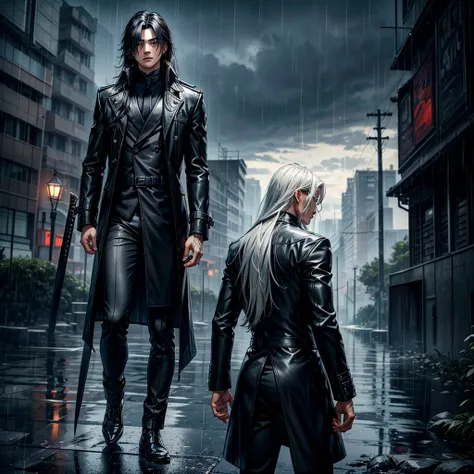 Private agent with the following characteristics; half wolf half human, long black hair with white highlights, wearing a leather overcoat, a sword in the back, Torn pants. He is standing admiring a lake as the rain falls very slowly.