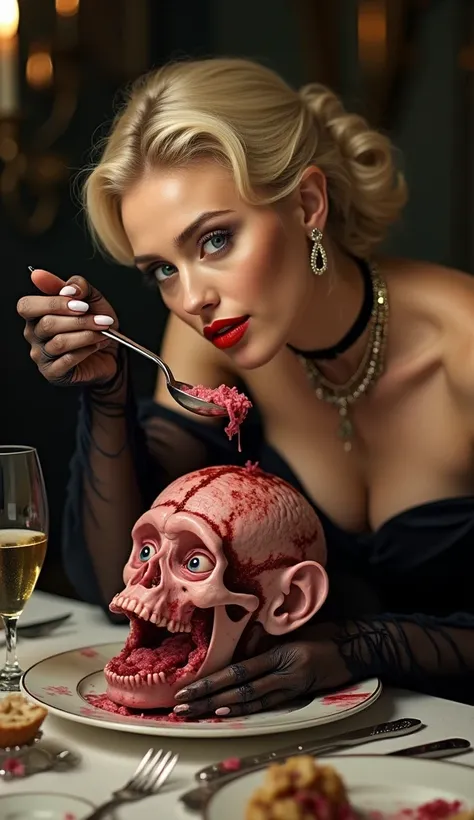 A scene of a meal enjoyed by a stunningly beautiful femme fatale with a bewitching smile: The poor monkey is strapped to a luxurious dinner table with only the head exposed; alive but unable to resist, its eyes wandering as the top of its head is cut open ...