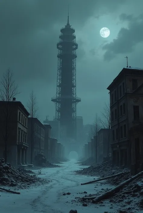 Cold sky is cloudy, snowstorm, there is night, Metropolis Modena in ruins, abandonned, Apocalyptic landscape, huge signal tower in the middle.