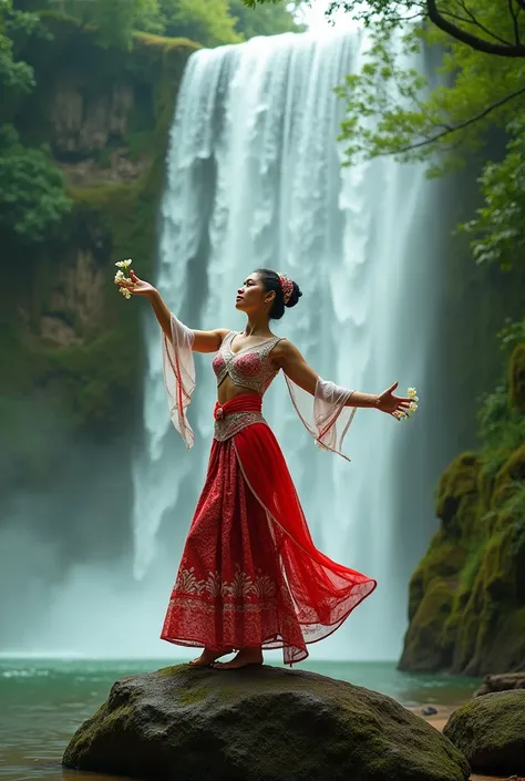 Photoshot of a beautiful woman wearing a traditional Dayak dress in red and white, a long cloth wearing mah kota, dancing on a large rock and in a very wide and green waterfall while carrying flowers