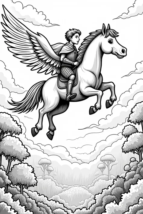 coloring page of a on his winged horse, Flying in the sky, about the magical forests, style cartoon, in black and white, white background, dashes only, linhas grossas
