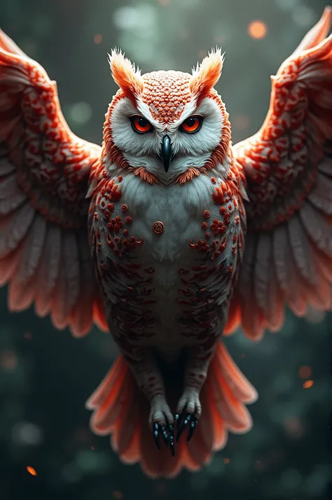 Create an artificial image of an owl, com a legenda central de infinity guardians, colors red, maroon, offwhite, gray and green 