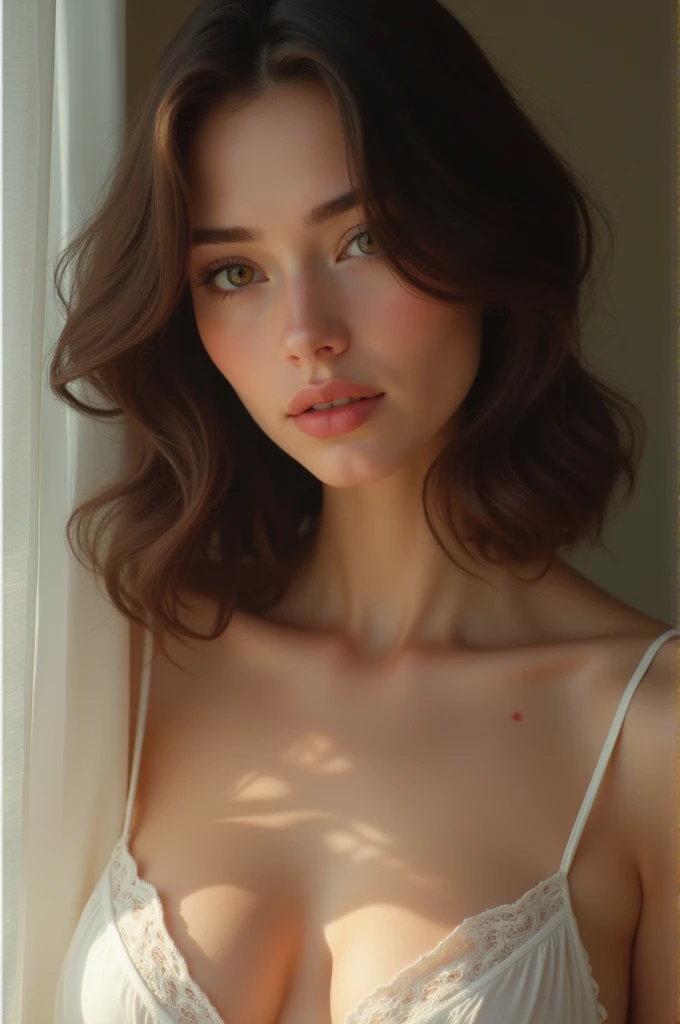 Brunette woman with shoulder-length hair , full lips , snub nose, small nude bust 