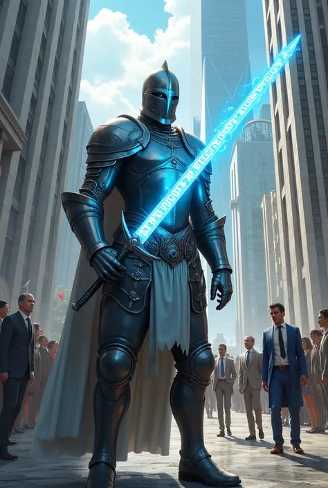 A soldier of antiquity, with steel armor, new and shiny, and his blue light sword emanates an aura with runic letters around it, a modern city full of luxury, Men and women are stunned