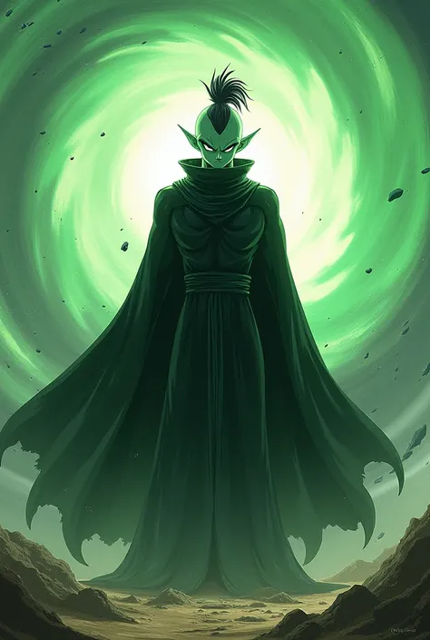 Dragonball Z namekian with a Mohawk tentacle wearing a black cape with green and white hurricane design on it