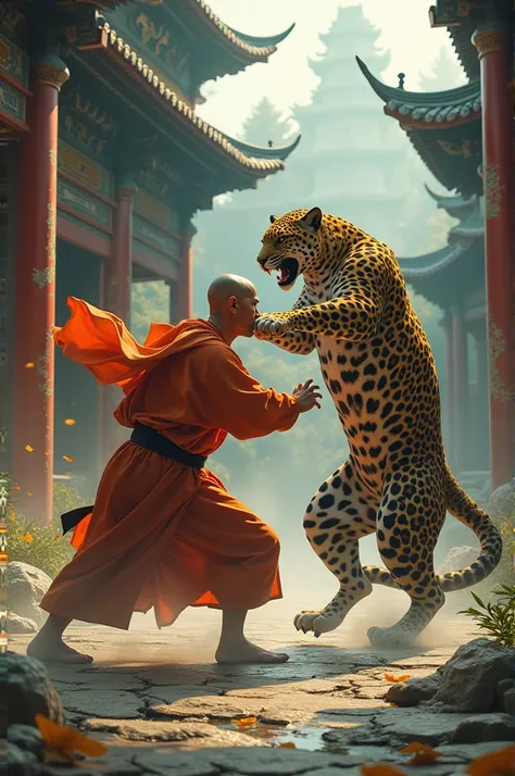 Shaolin temple with monk fromnkung Fu AND leopard