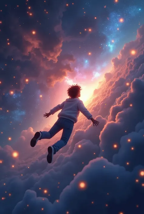 I want a video in animation format of a person flying over the universe 