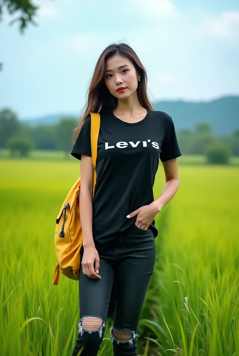 Beautiful Indonesian hijab woman wearing a Levi&#39;s shirt under a black dress with a modern, trendy style wearing torn pencil pants wearing sneakers wearing a yellow backpack with an elegant and beautiful appearance posing for a photo in the middle of a ...