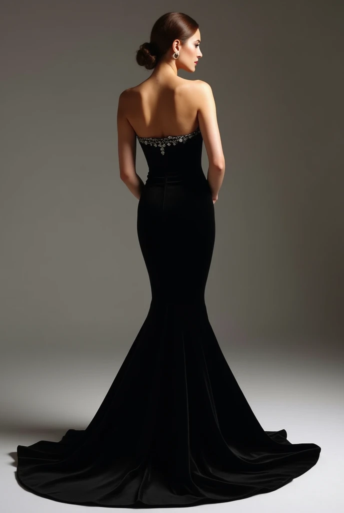 An elegant black velvet sheath dress, sleeveless, with strapless neckline and mermaid tail